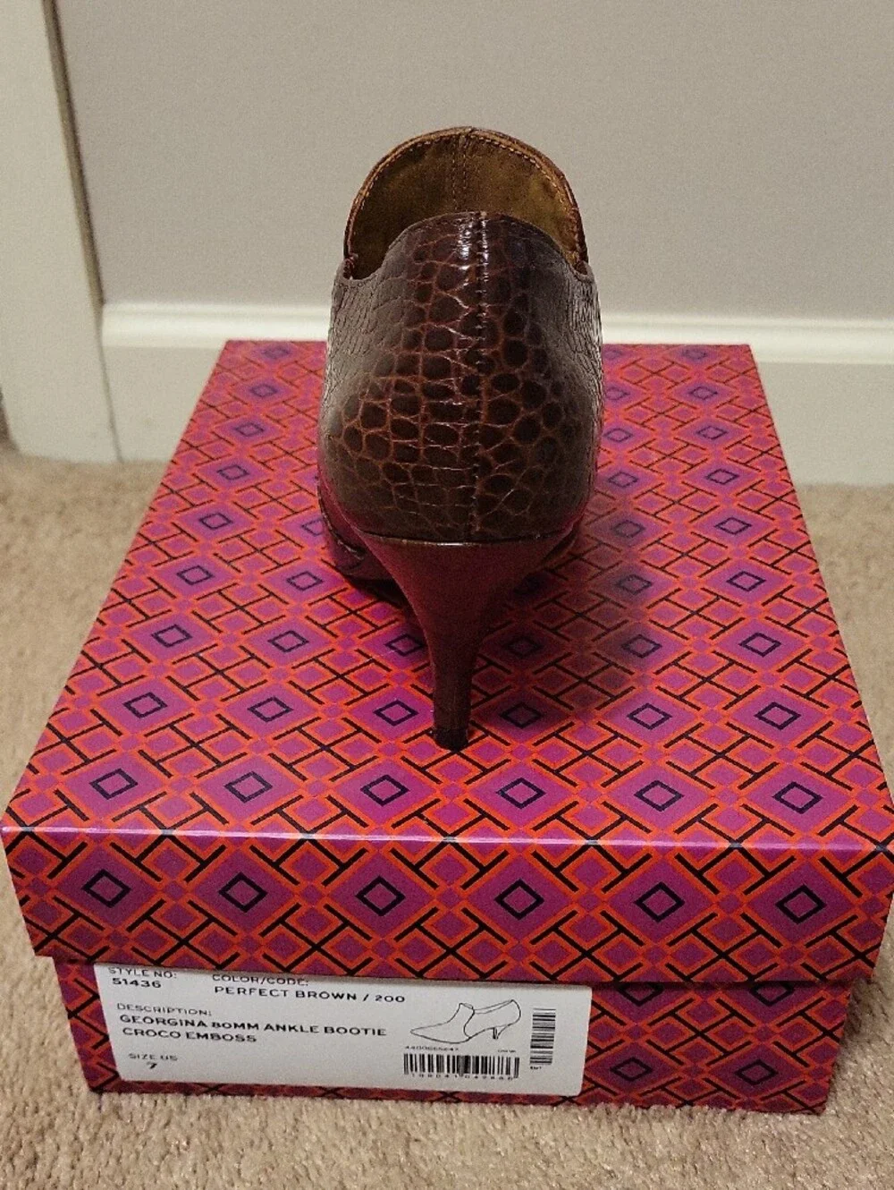 Tory Burch Croc-Embossed Brown Pointed Ankle Booties
